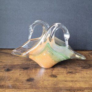 Vintage Murano Art Glass Double Swan Green and Gold Swirl Napkin / Letter Holder